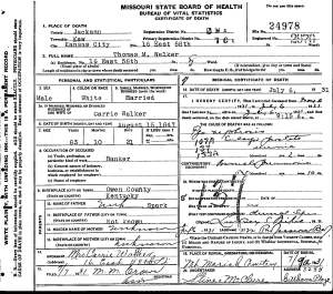 1931 Death Certificate for Thomas M. Walker.